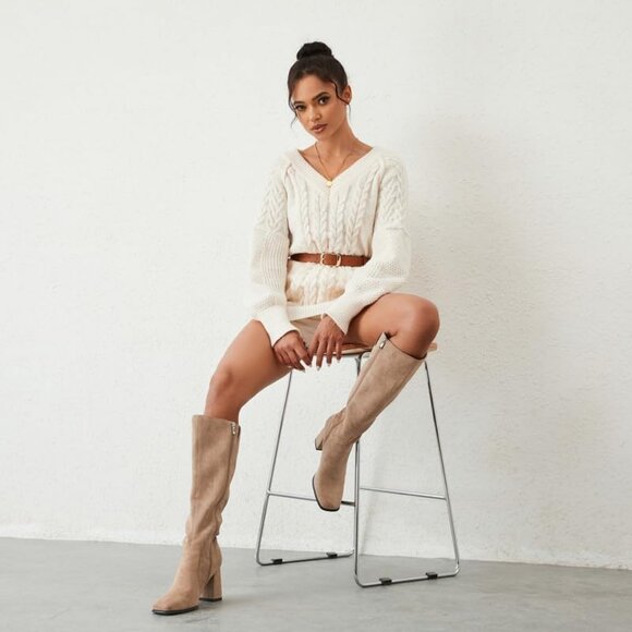 Women's khaki suede Modatope Knee Toe Side Zipper High Heel Square Long boots - Picture 8 of 8